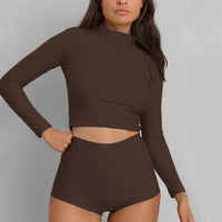Women's long sleeve rashie upf50+ sun protection in chocolate brown 