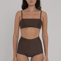 Women's high waisted boyleg surf shorts in chocolate brown